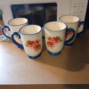 The Pioneer Woman Floral Mugs - Blue and Cream- Set Of 4